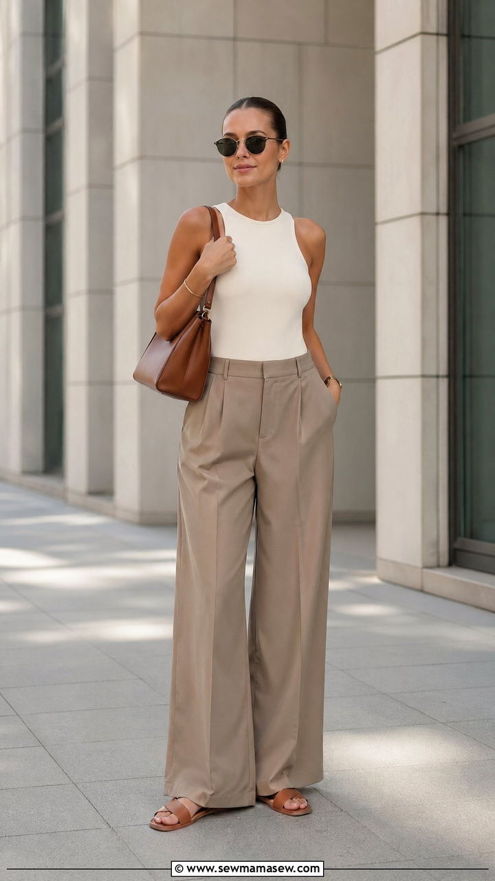 Wide leg trousers with a sleeveless bodysuit - 35 summer simple outfit ideas