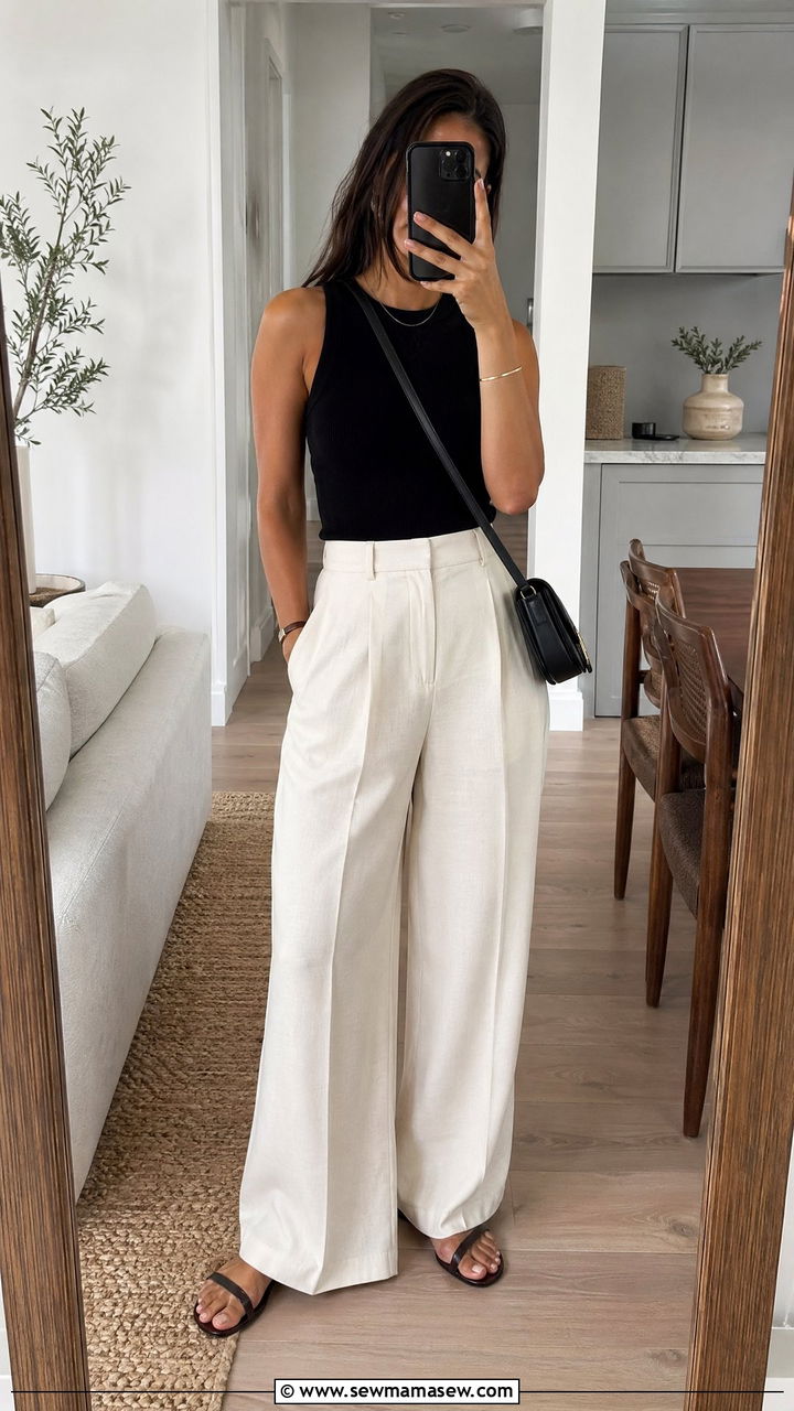 Wide leg trousers with a sleeveless knit tank and flat sandals - 35 Summer business casual outfits for women
