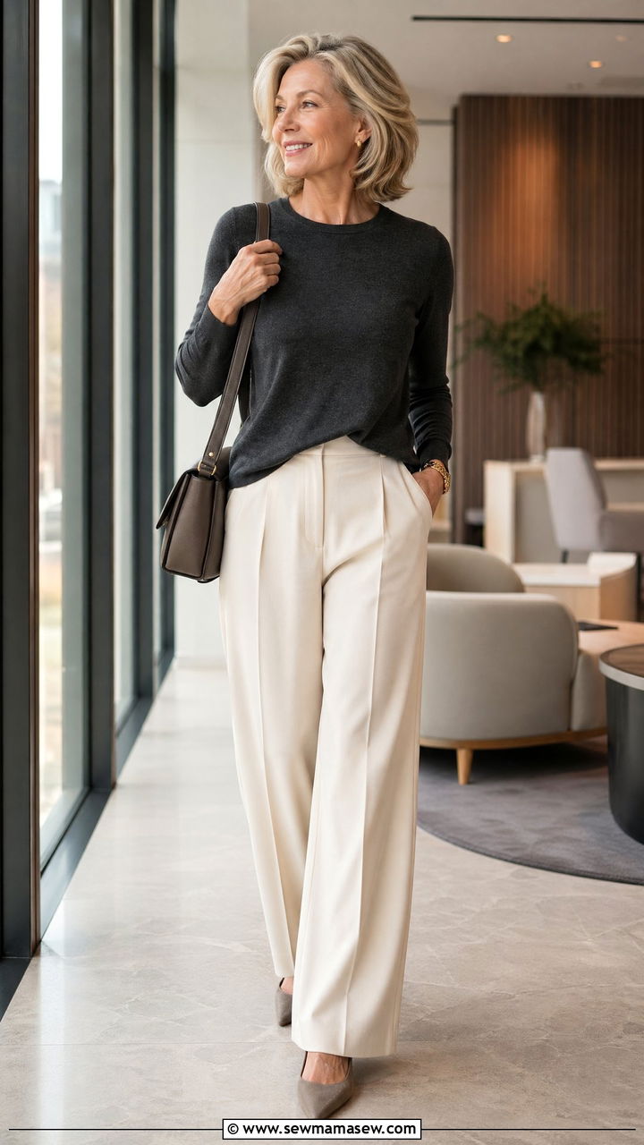 Wide leg trousers with fitted knit top - 35 Work outfits for women over 50