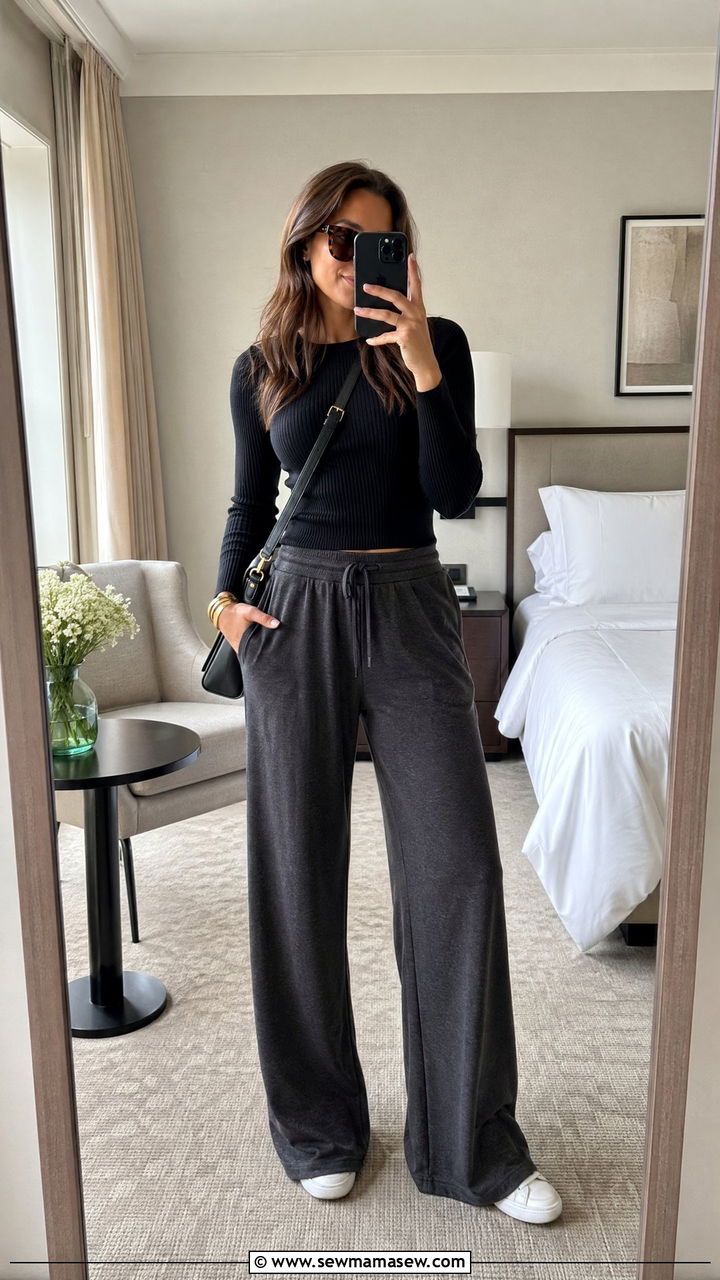 Wide leg trousers with fitted ribbed top - 35 Weekend getaway outfit ideas