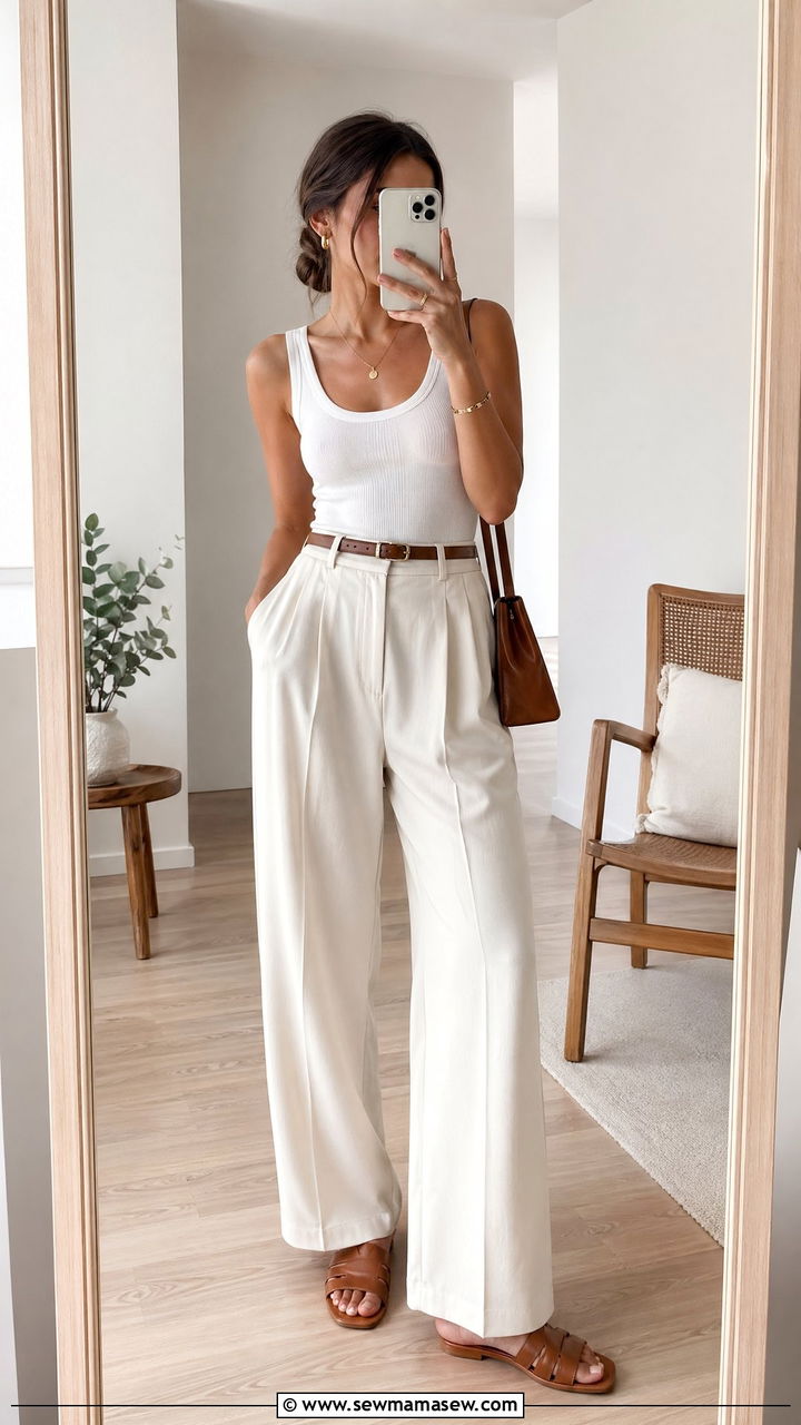 Wide leg trousers with tucked tank top - 35 Spring to summer transition outfits