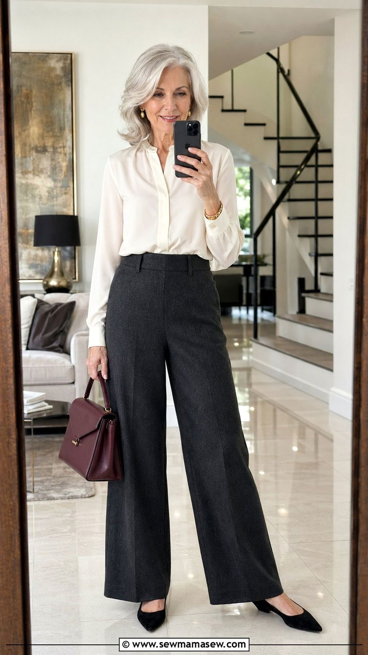WideLeg Trousers And Silk Blouse Aging Gracefully Outfit - 30 Aging gracefully outfit ideas