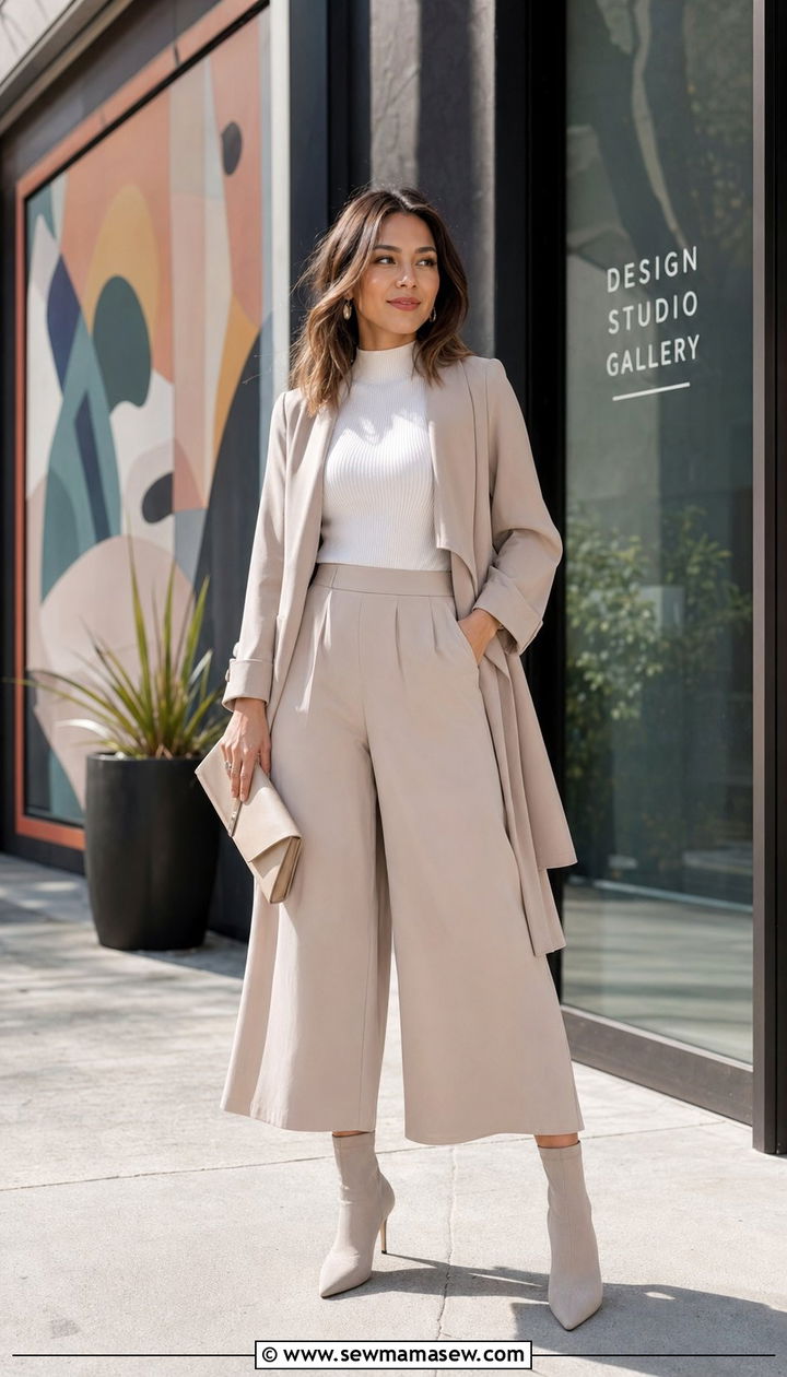 Wideleg culottes and mock neck top outfit - 35 Petite outfit ideas hacks
