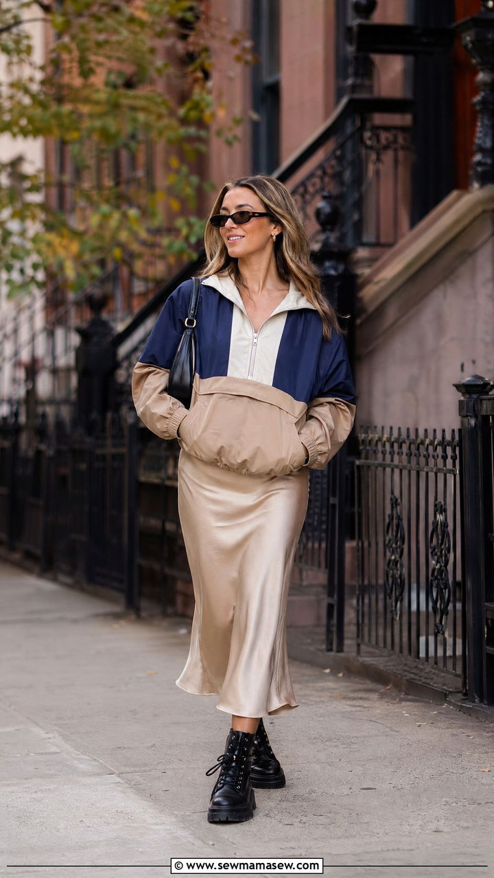 Windbreaker Jacket with Satin Skirt and Chunky Boots Outfit - 35 sporty chic outfits