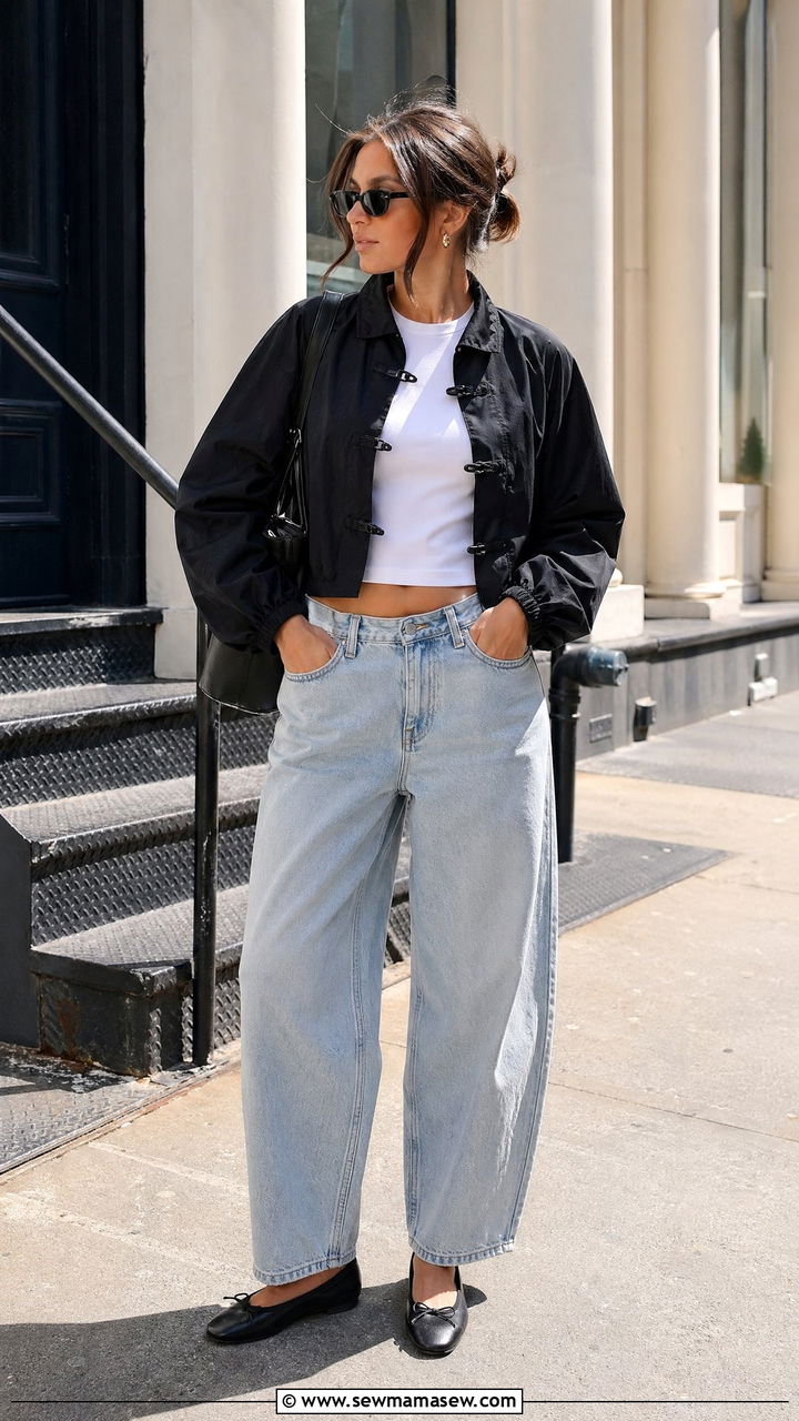 Windbreaker With Barrel Leg Jeans And Ballet Flats - 35 windbreaker outfits ideas