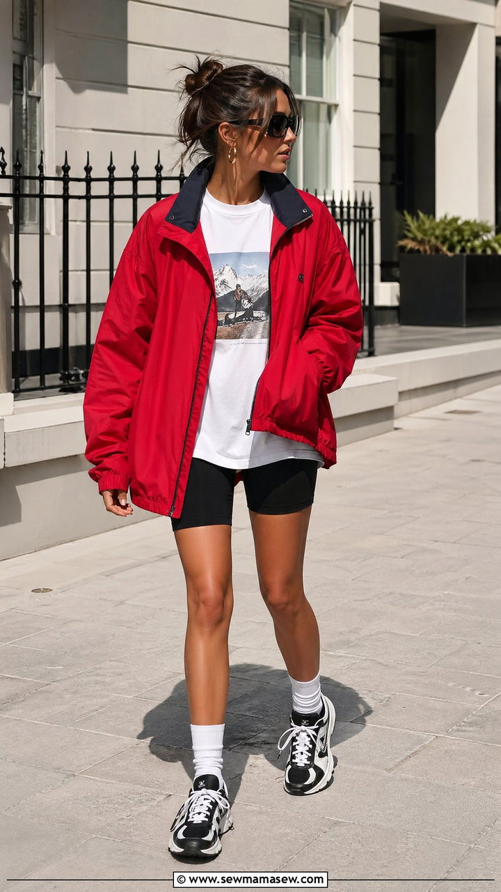 Windbreaker With Bike Shorts And Oversized Tee - 35 windbreaker outfits ideas