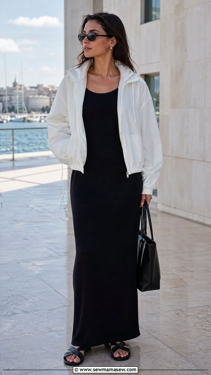Windbreaker With Column Maxi Dress And Flat Sandals - 35 windbreaker outfits ideas