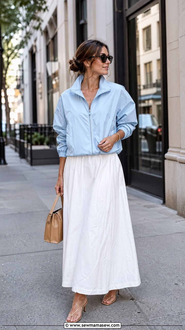 Windbreaker With Cotton Maxi Skirt And Kitten Heels - 35 Windy summer outfits