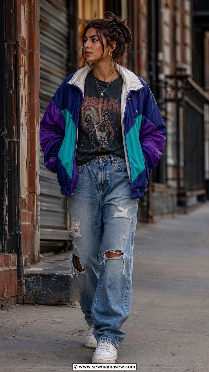 Windbreaker With Graphic Tee And Distressed Jeans - 35 windbreaker outfits ideas