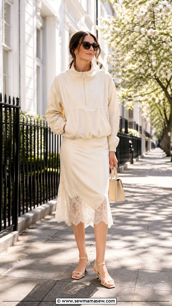 Windbreaker With Lace Skirt And Heels - 30 Sporty chic outfit ideas 2026
