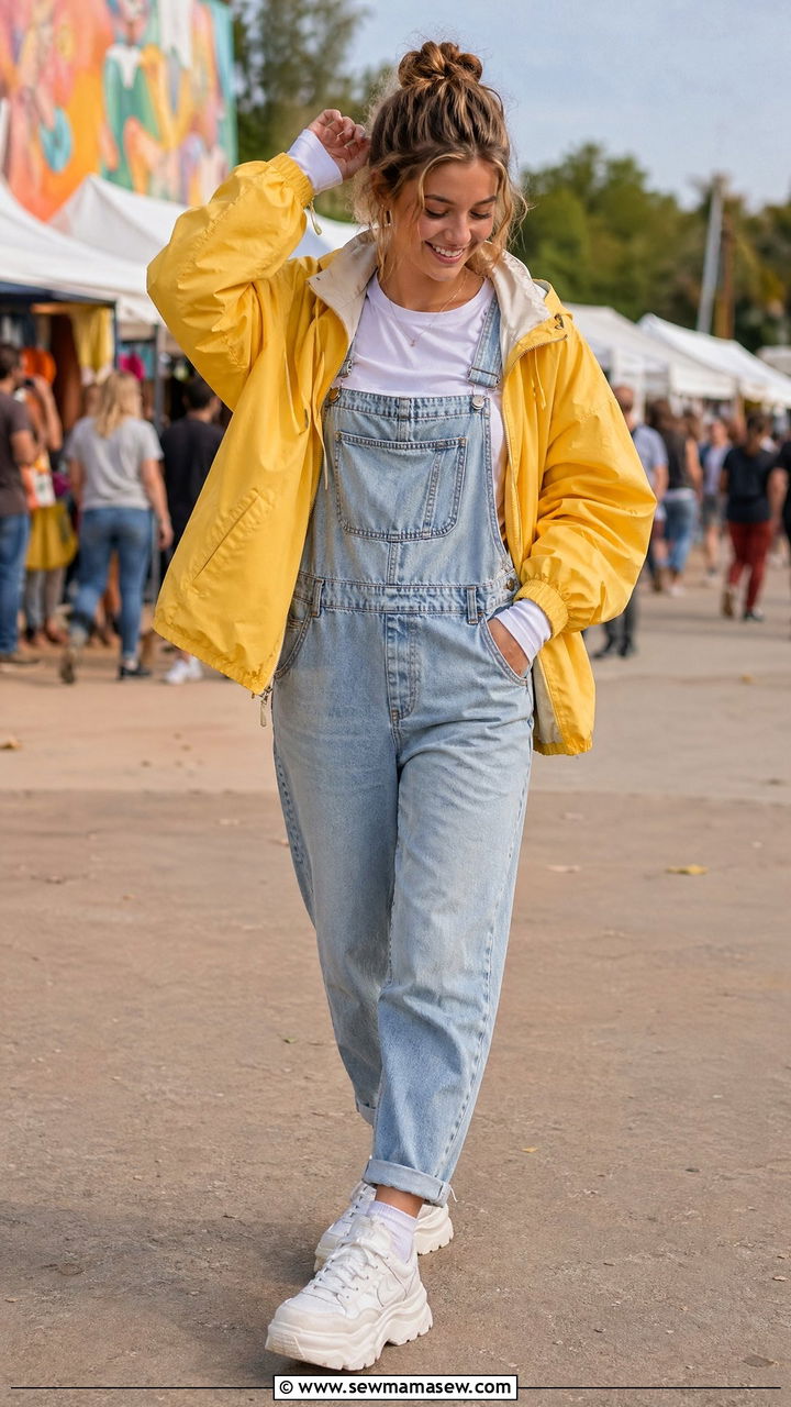 Windbreaker With Overalls And Chunky Sneakers - 35 windbreaker outfits ideas