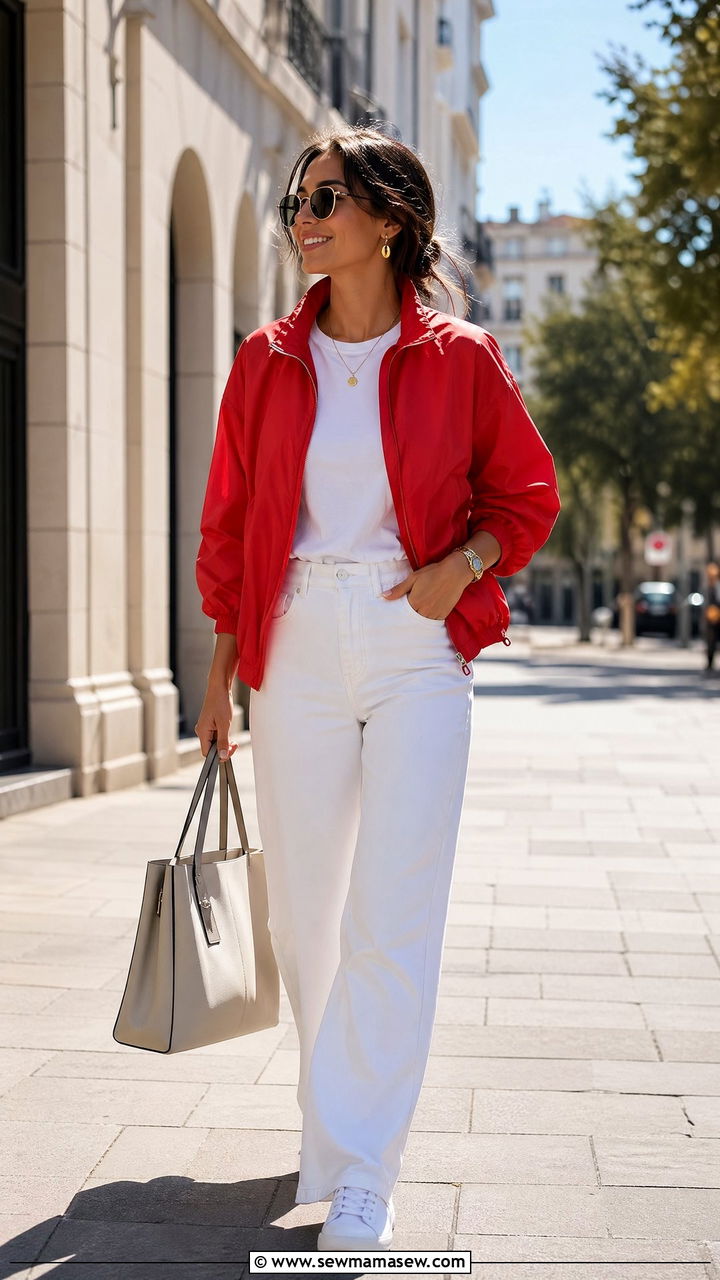 Windbreaker With White Wide Leg Jeans - 35 Sporty chic outfit ideas for errands
