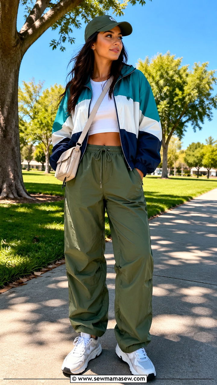 Windbreaker and Parachute Pants Outfit - 30 sporty chic outfits inspo