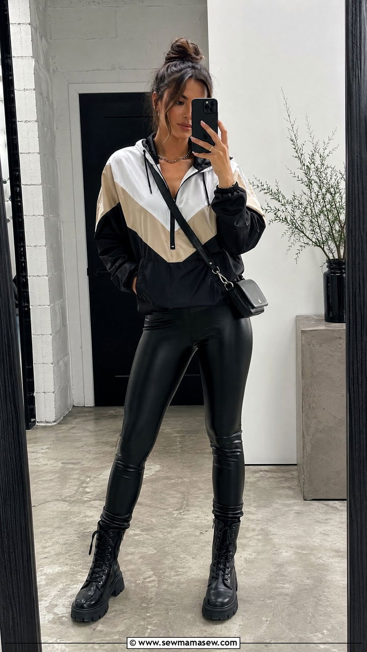 Windbreaker and leather leggings outfit - 35 Sporty chic outfit ideas