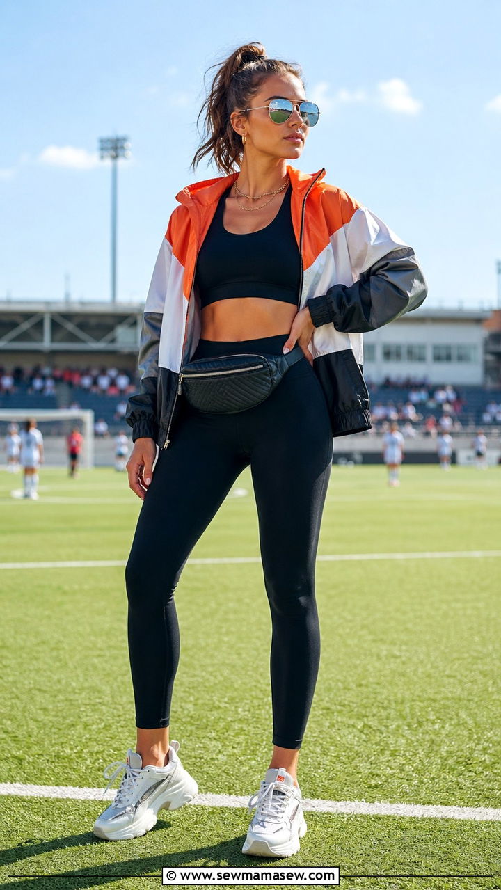 Windbreaker jacket over a sports bra and leggings outfit - 30 Soccer game outfit ideas