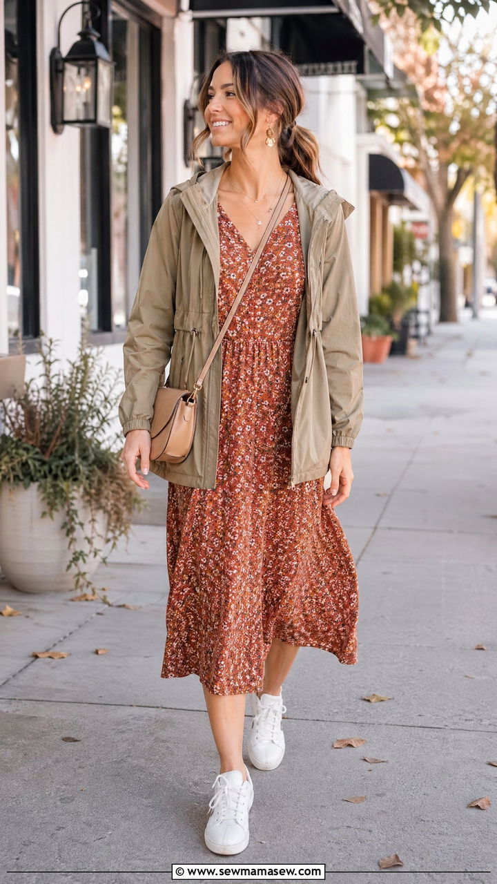Windbreaker over a midi dress - 35 windbreaker outfits for women
