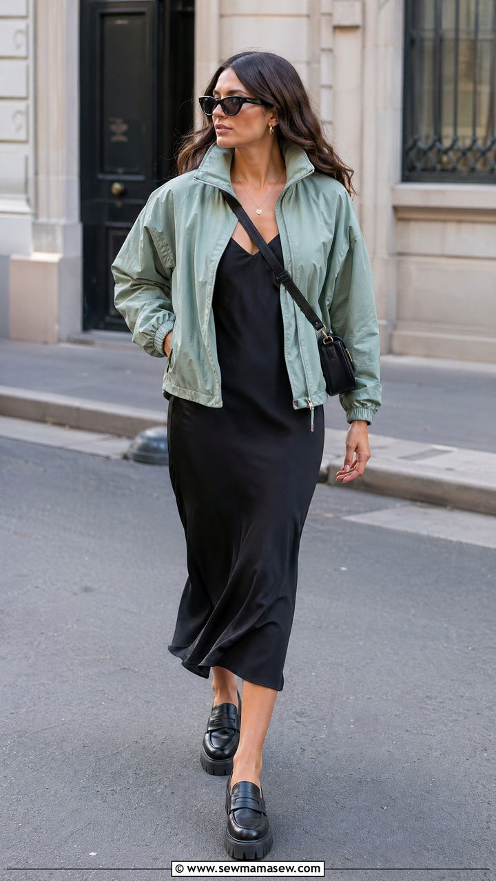 Windbreaker over slip dress outfit - 35 Sporty chic outfit ideas