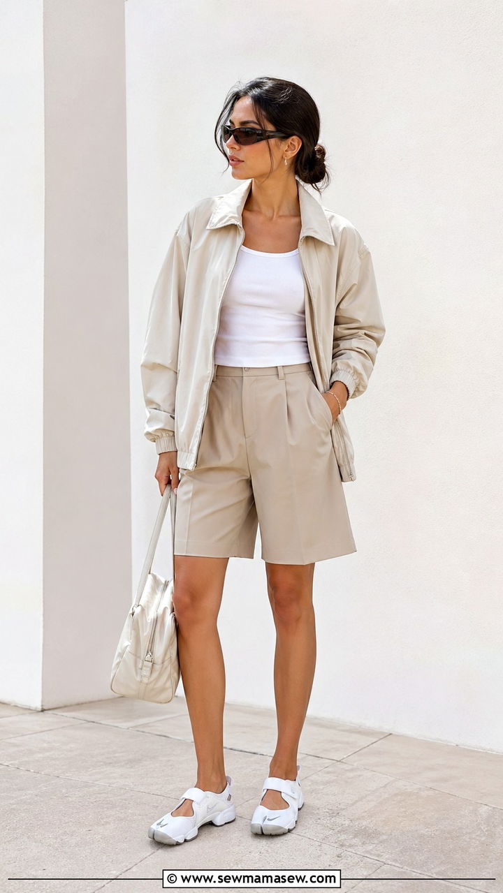 Windbreaker with Bermuda Shorts and Wrap Around Sunglasses - 30 Sporty summer outfit ideas
