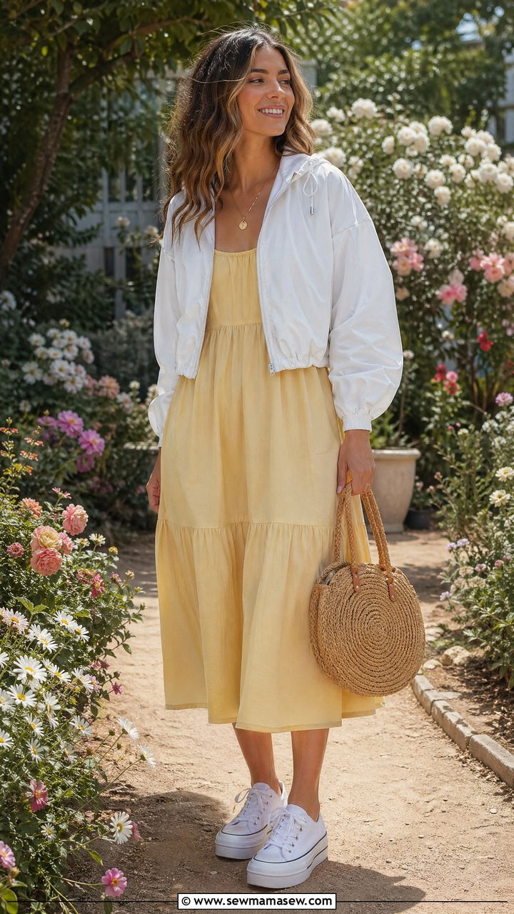 Windbreaker with Dress and Sneakers - 35 windbreaker outfits inspo