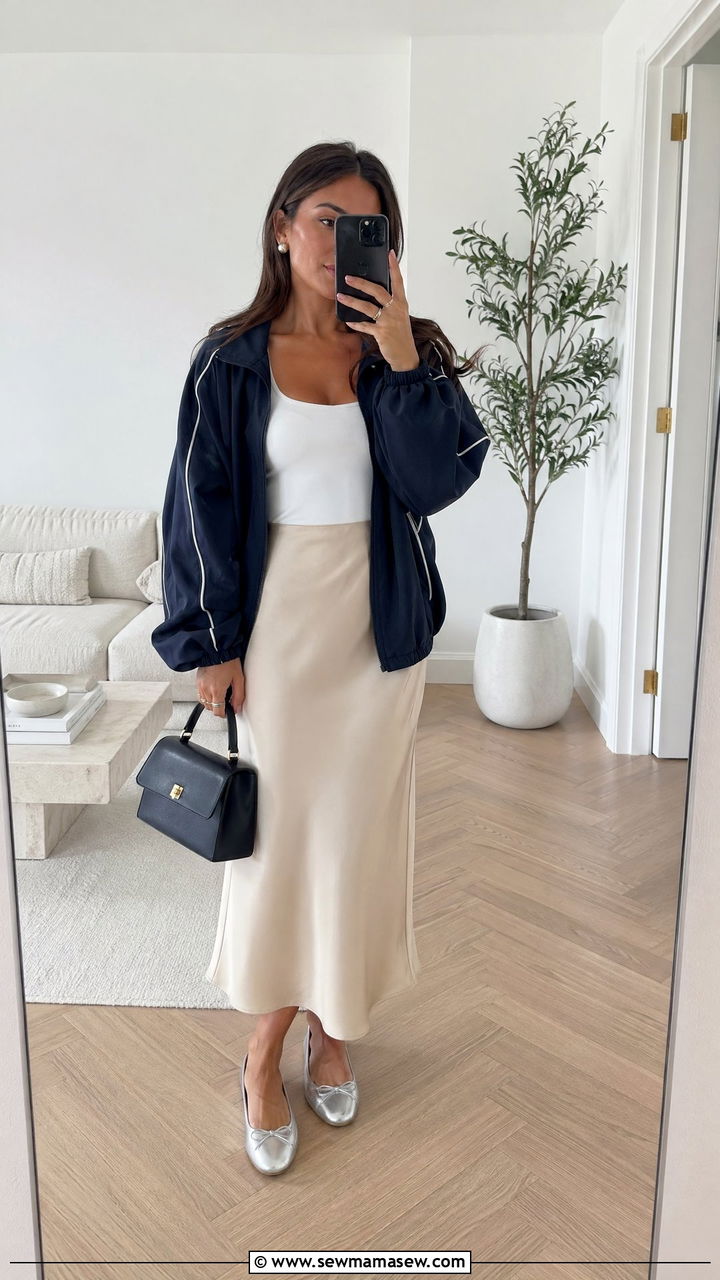 Windbreaker with Satin Skirt Outfit - 35 windbreaker outfits inspo