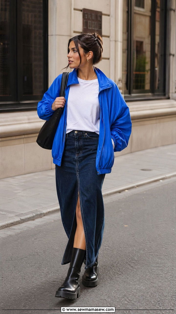 Windbreaker with a long denim skirt - 35 windbreaker outfits for women