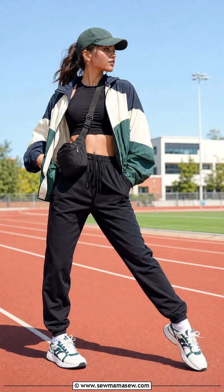 Windbreaker with crop top and joggers - 35 school outfit ideas for women