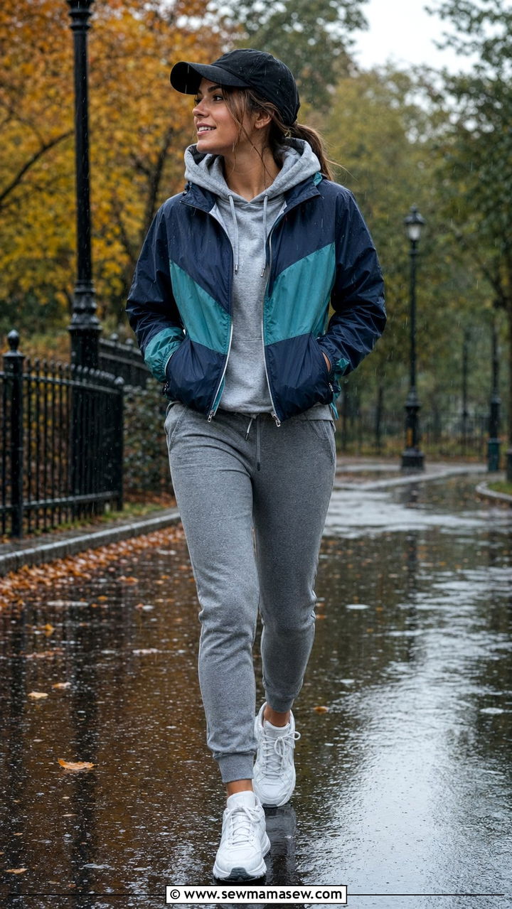 Windbreaker with joggers and chunky sneakers - 35 rainy day outfits for women