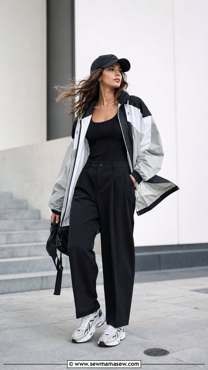 Windbreaker with tailored trousers and chunky sneakers - 30 windy day outfits inspo