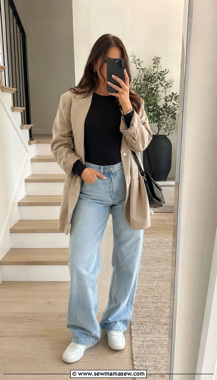Windy Day Outfit With Bodysuit and Baggy Jeans - 30 windy day outfits