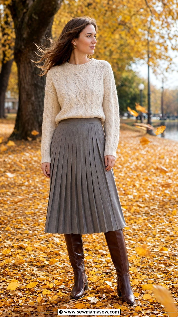 Windy Day Outfit With Cable Knit Sweater and Pleated Skirt - 30 windy day outfits