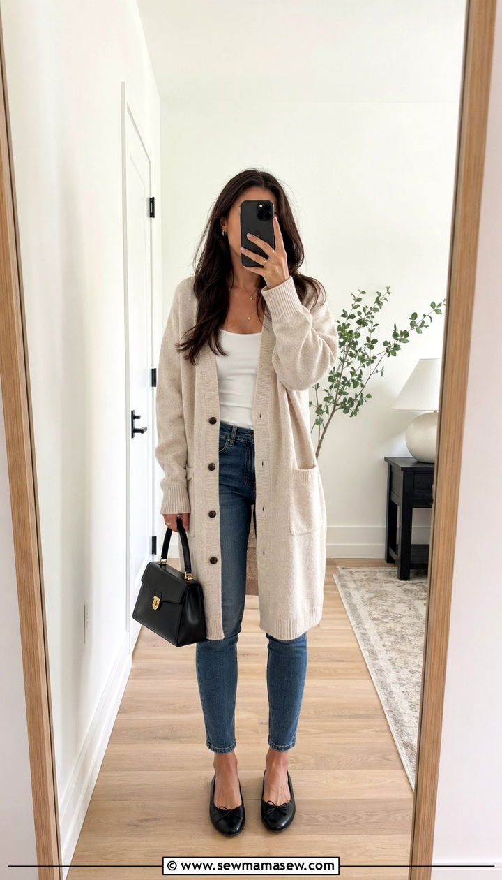 Windy Day Outfit With Cardigan and Ballet Flats - 30 windy day outfits