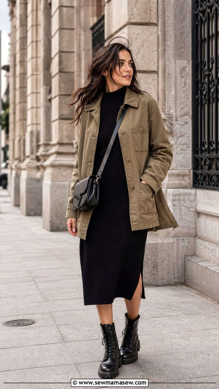 Windy Day Outfit With Chore Coat and Midi Dress - 30 windy day outfits