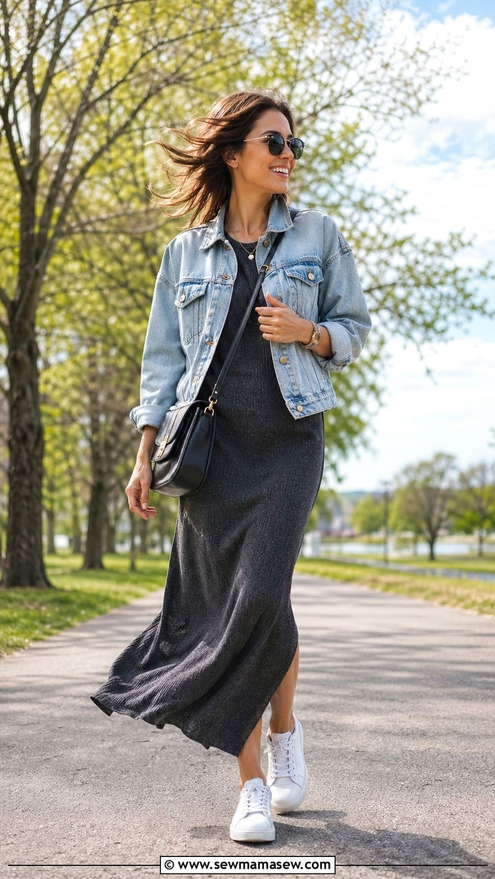 Windy Day Outfit With Denim Jacket and Maxi Dress - 30 windy day outfits