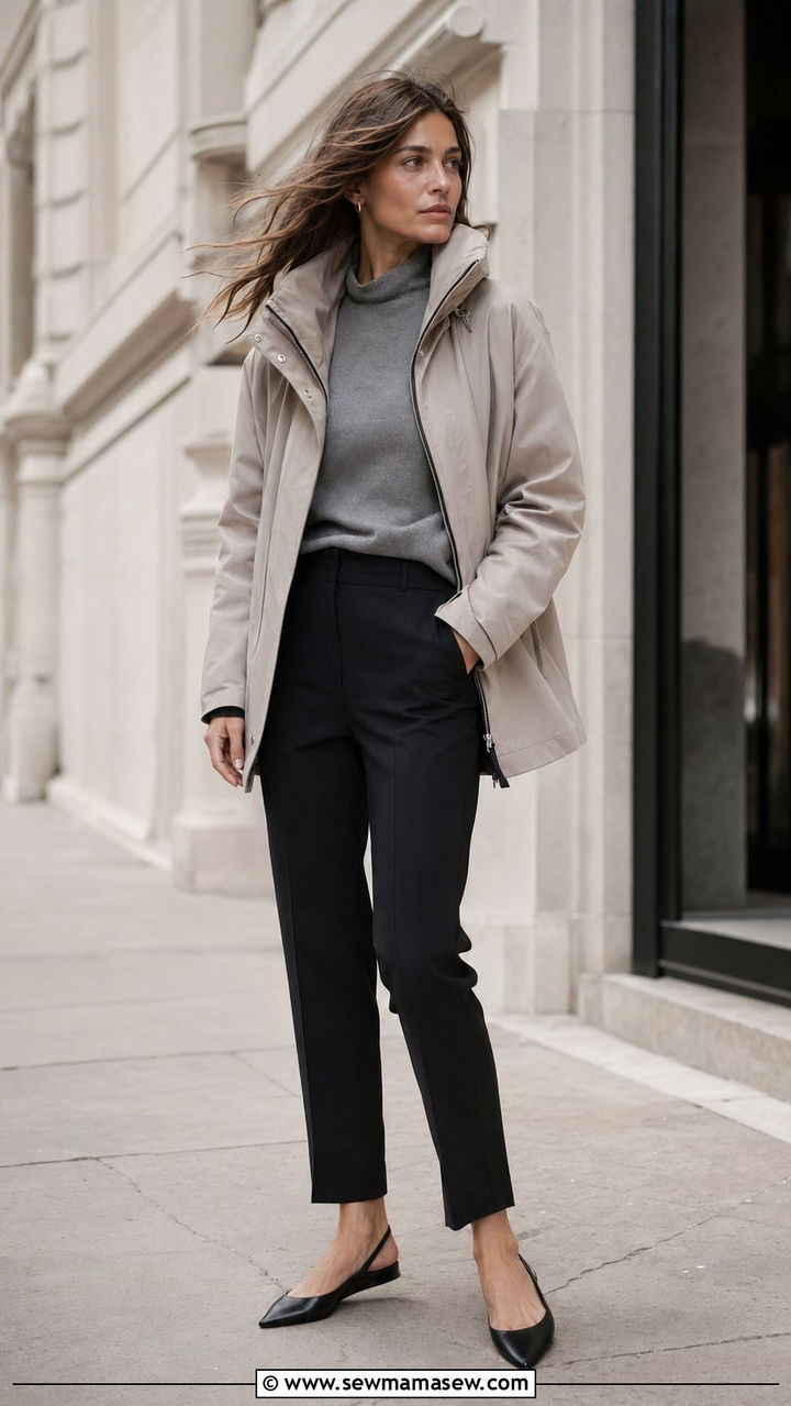 Windy Day Outfit With Funnel Neck Anorak and Tailored Trousers - 30 windy day outfits