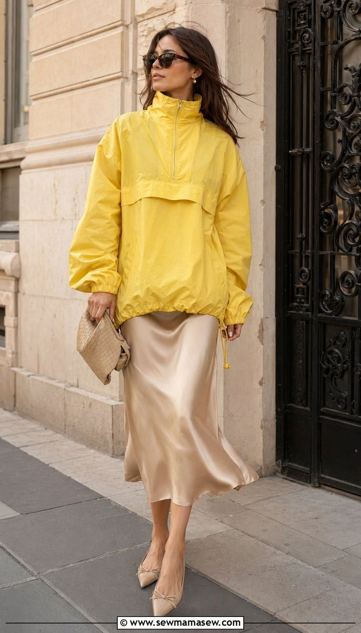 Windy Day Outfit With Funnel Neck Windbreaker and Satin Skirt - 30 windy day outfits