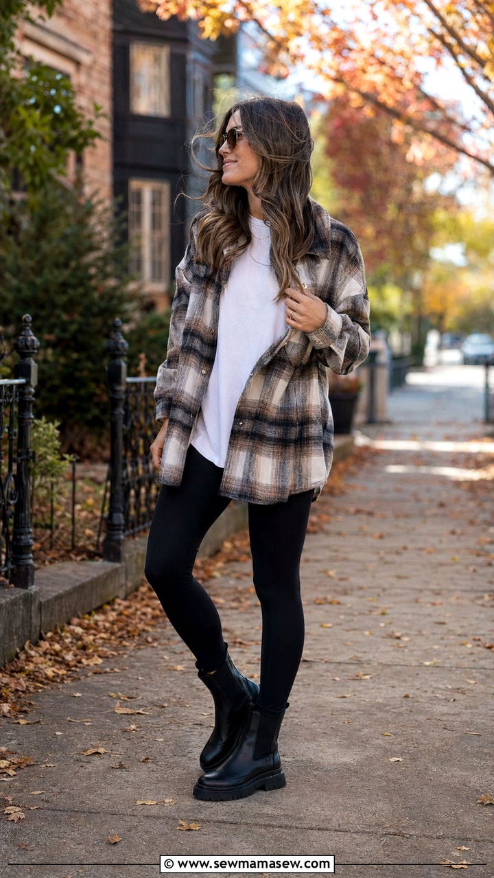 Windy Day Outfit With Plaid Shacket and Black Leggings - 30 windy day outfits