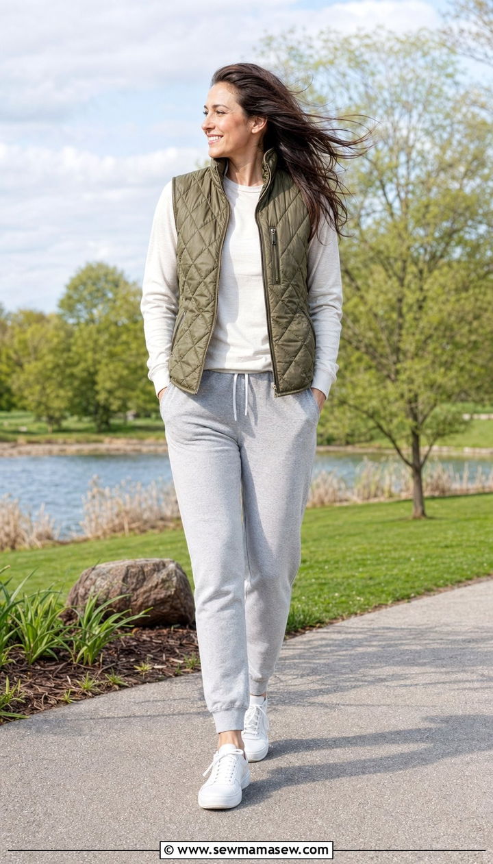 Windy Day Outfit With Quilted Vest and Joggers - 30 windy day outfits