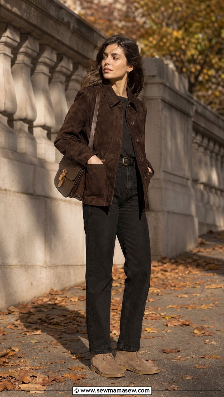 Windy Day Outfit With Suede Jacket and Black Jeans - 30 windy day outfits
