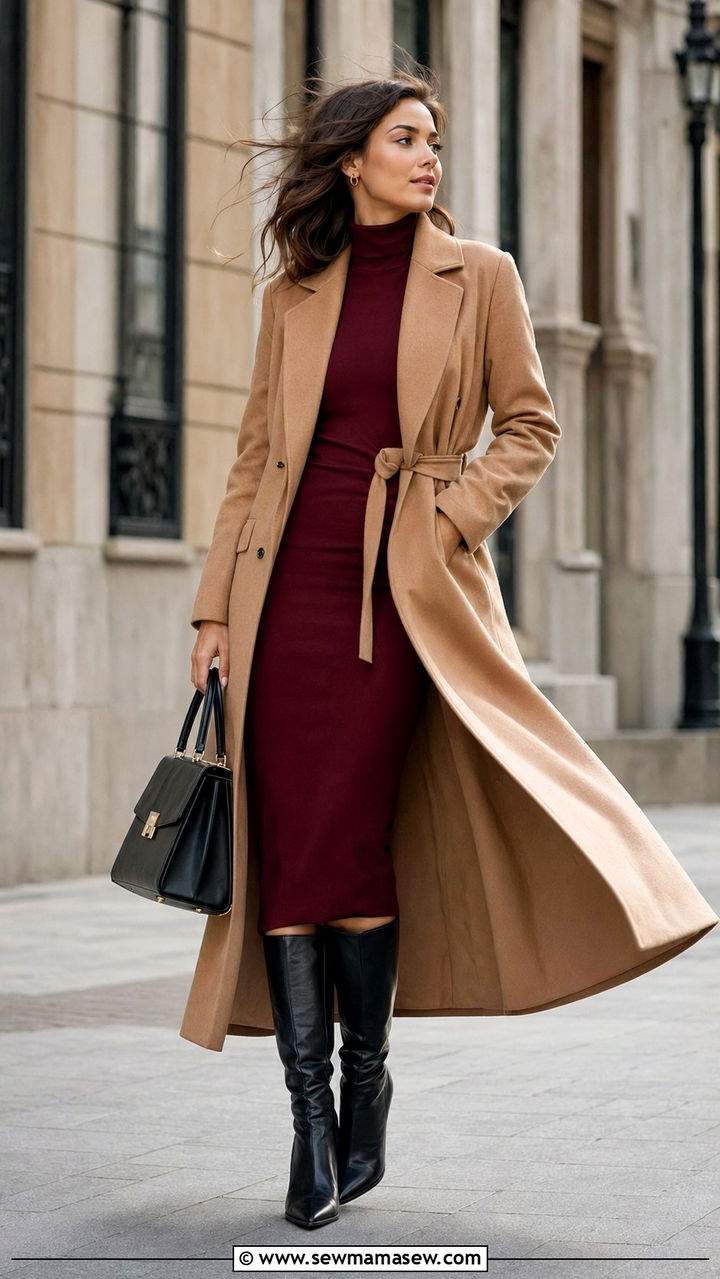 Windy Day Outfit With Wrap Coat and Knit Dress - 30 windy day outfits