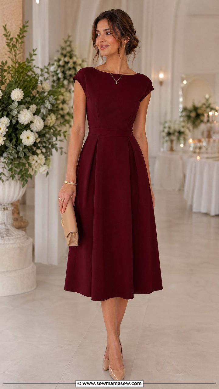 Wine Red A Line Dress With Nude Pumps And Gold Jewelry - 35 classy elegant outfits
