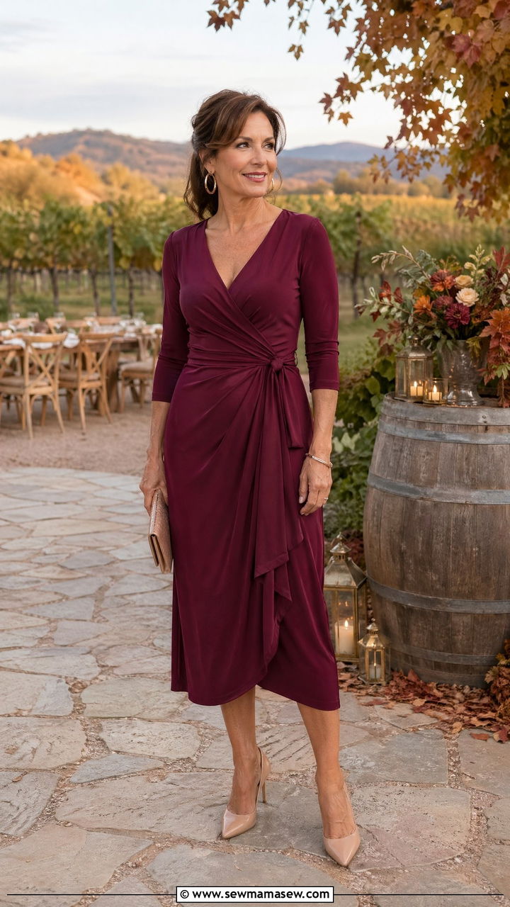 Wine Red Wrap Dress for Fall Wedding Guest - 35 Wedding guest outfits for women over 50
