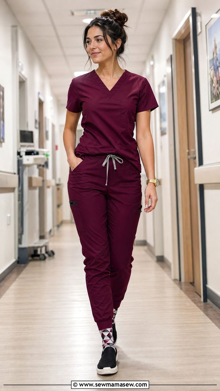 Wine Scrubs with Patterned Compression Socks - 35 Scrubs outfit ideas
