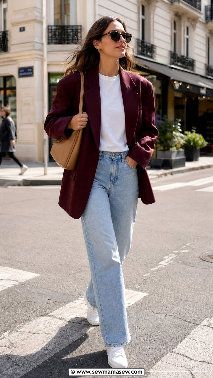 Wine blazer with light wash jeans - 30 Wine outfit ideas