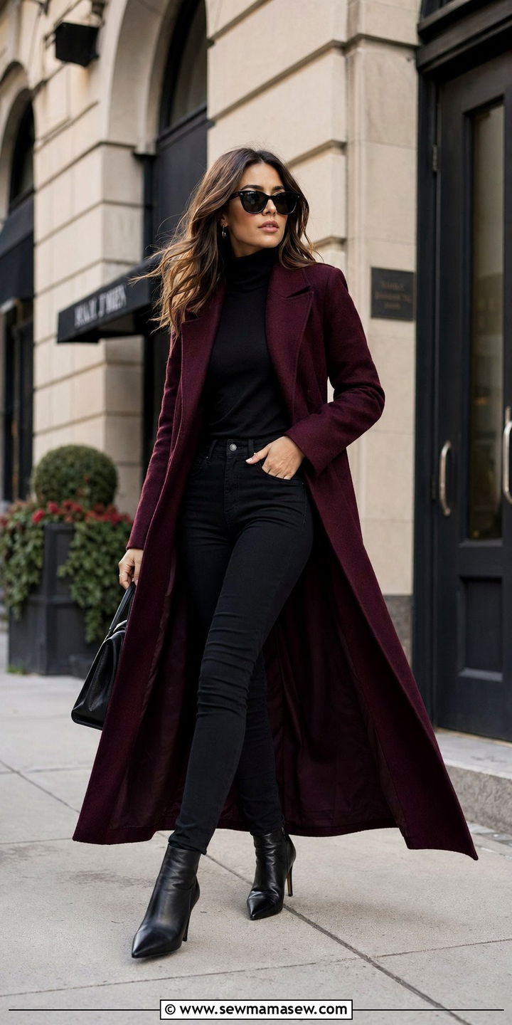 Wine duster coat with all black base - 30 Wine outfit ideas