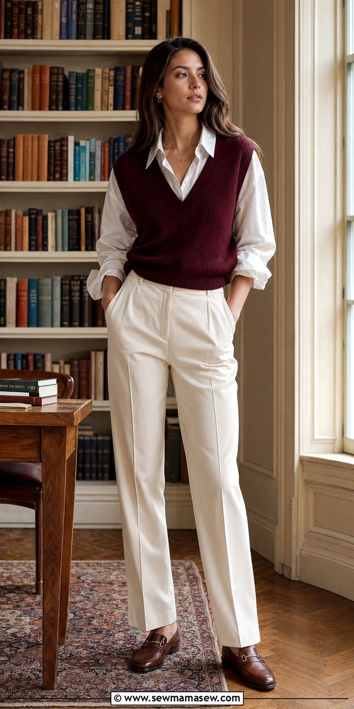 Wine knit vest with a white button down - 30 Wine outfit ideas