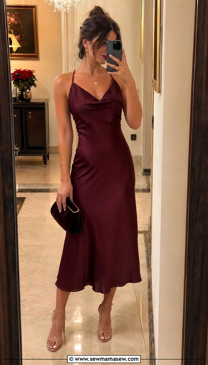 Wine satin midi dress with gold jewelry - 30 Wine outfit ideas