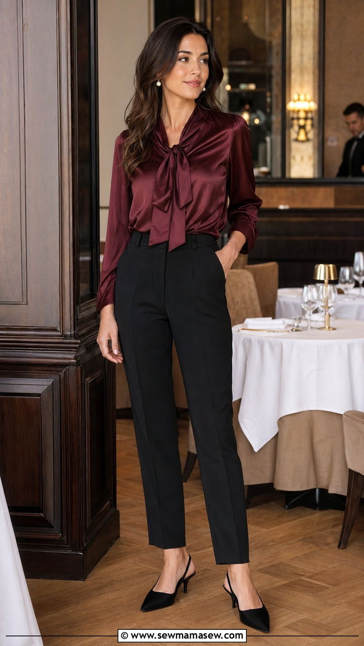 Wine silk blouse with black tailored trousers - 30 Wine outfit ideas