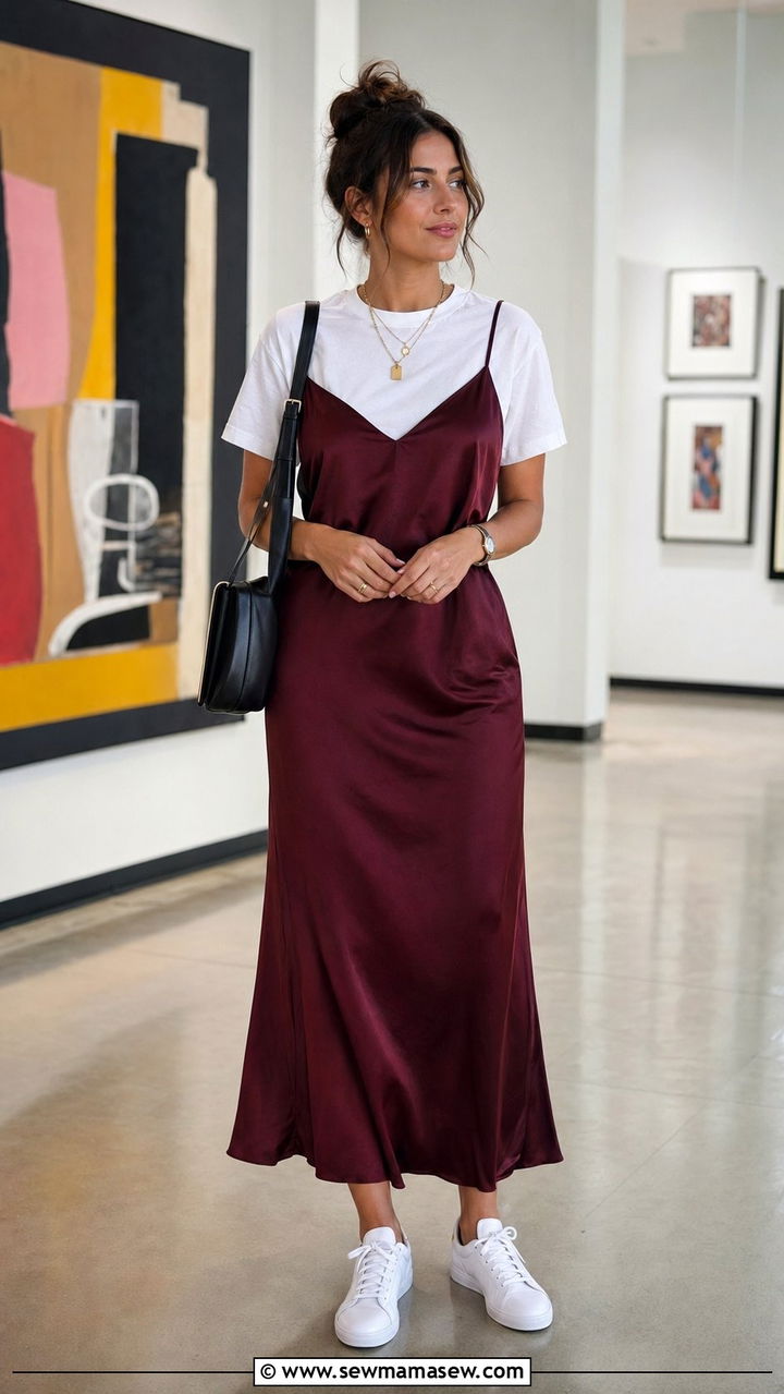 Wine slip dress layered over a white tee - 30 Wine outfit ideas