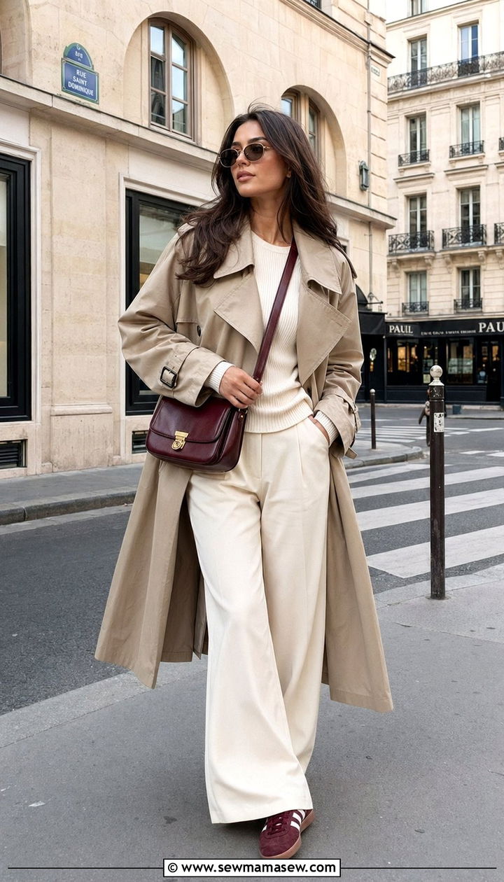 Wine sneakers with a neutral monochrome outfit - 30 Wine outfit ideas