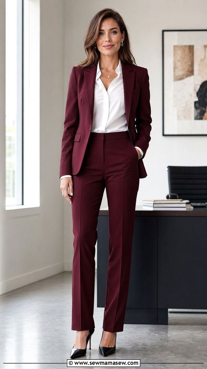 Wine suit with a white button down - 30 Wine outfit ideas